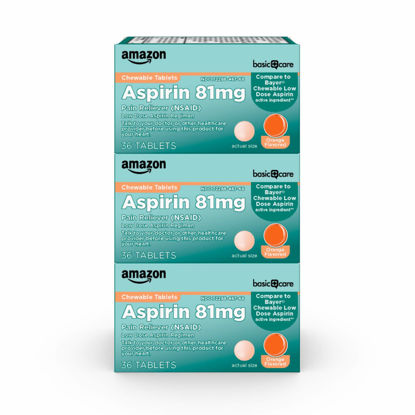Picture of Amazon Basic Care Aspirin 81 mg Pain Reliever (NSAID) Chewable Tablets, Low Dose , Orange Flavor, 36 Count (Pack of 3)