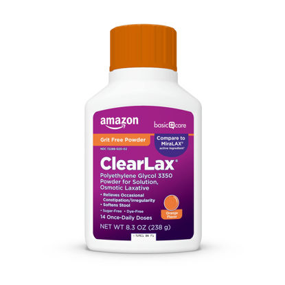 Picture of Amazon Basic Care ClearLax Polyethylene Glycol 3350 Powder for Solution, Orange Flavor, Osmotic Laxative, Stool Softener, Relieves Occasional Constipation, 8.3 Ounces