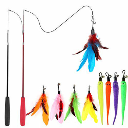 Picture of MeoHui Cat Toys for Indoor Cats, Interactive Cat Toy 2PCS Retractable Cat Wand Toy and 9PCS Cat Feather Toys Refills, Funny Kitten Toys Cat Fishing Pole Toy for Bored Indoor Cats Chase and Exercise