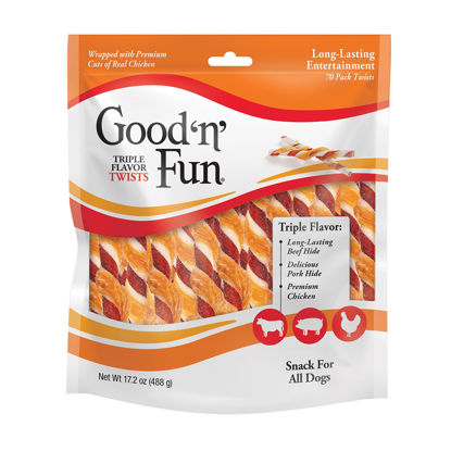 Picture of Good'n'Fun Triple Flavor Twists, Dog Chew Sticks, Premium Chicken and Beef Hide Treats for Dogs, 70 Count