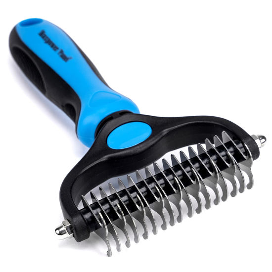 Picture of Maxpower Planet Pet Grooming Brush - Double Sided Shedding and Dematting Undercoat Rake Comb for Dogs and Cats,Extra Wide, Blue, Dog Grooming Brush, Dog Shedding Brush