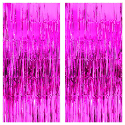 Picture of KatchOn, Hot Pink Backdrop Curtain - 6.4x8 Feet, Pack of 2 | Hot Pink Birthday Decorations | Hot Pink Streamers | Pink Birthday Party Decorations | Hot Pink Tinsel Backdrop, Hot Pink Party Decorations
