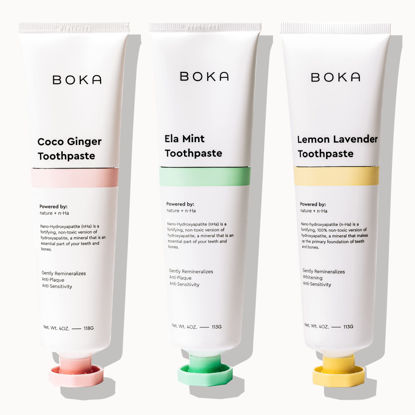 Picture of Boka Ela Mint, Coco Ginger, & Lemon Lavender Natural Whitening Toothpastes, Nano-Hydroxyapatite (n-Ha), Sensitivity, Fluoride-Free, Dentist Recommended for Kids and Adults, Made in USA, 12oz (3 Pack)