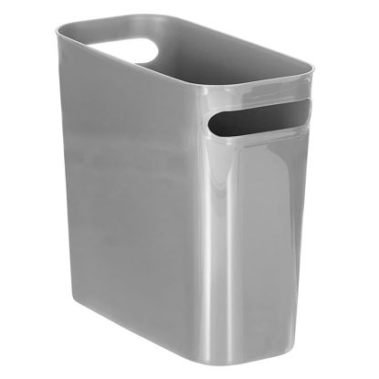 Picture of mDesign Plastic Small Trash Can, 1.5 Gallon/5.7-Liter Wastebasket, Narrow Garbage Bin with Handles for Bathroom, Laundry, Home Office - Holds Waste, Recycling, 10" High - Aura Collection - Silver
