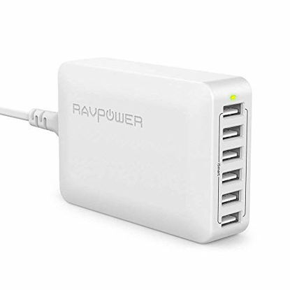 Picture of USB Charger RAVPower 60W 12A 6-Port Desktop USB Charging Station with iSmart Multiple Port, Compatible iPhone 12 Mini SE 11 Pro Max XS XR X iPad Pro Air Mini Galaxy S10 Note 10 Tablet(White)