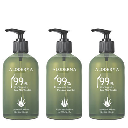 Picture of Aloderma 99% Organic Aloe Vera Gel 3 Pack, Bottled within 12 Hours of Harvest (300g, 10.6 oz), No Sticky Residue - No Powder Concentrates or Water Added - Eco-Friendly