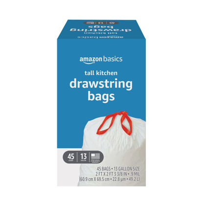 Picture of Amazon Basics Tall Kitchen Drawstring Trash Bags, 13 Gallon, Unscented, 45 Count (Previously Solimo), White