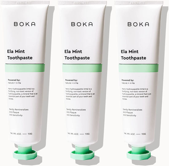 Picture of Boka Natural Toothpaste, Fluoride Free - Nano Hydroxyapatite for Remineralizing, Sensitive Teeth, & Whitening - Dentist Recommended for Adult, Kids Oral Care - Ela Mint, 4oz 3 Pack - Made in USA
