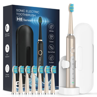 Picture of Sonic Electric Toothbrush for Adults - Rechargeable Electric Toothbrush with 8 Brush Heads & Holder, Travel Case,Power Electric Toothbrush 3 Hrs Charge for 120 Days, Denture Brushes，H8 Champagne Gold