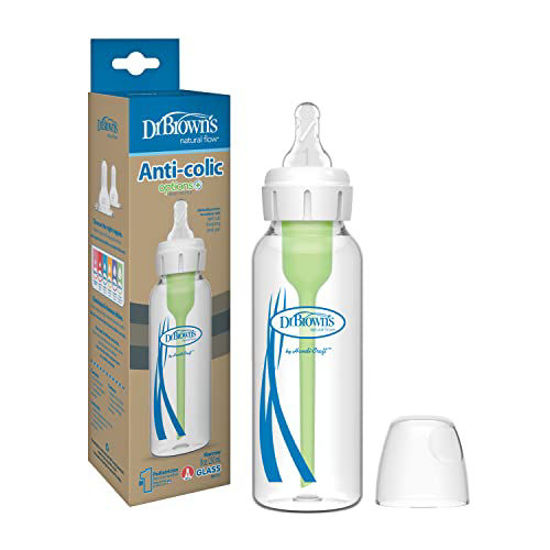 Picture of Dr. Brown’s Natural Flow® Anti-Colic Options+™ Narrow Glass Baby Bottle 8 oz/250 mL, with Level 1 Slow Flow Nipple, 1 Pack, 0m+