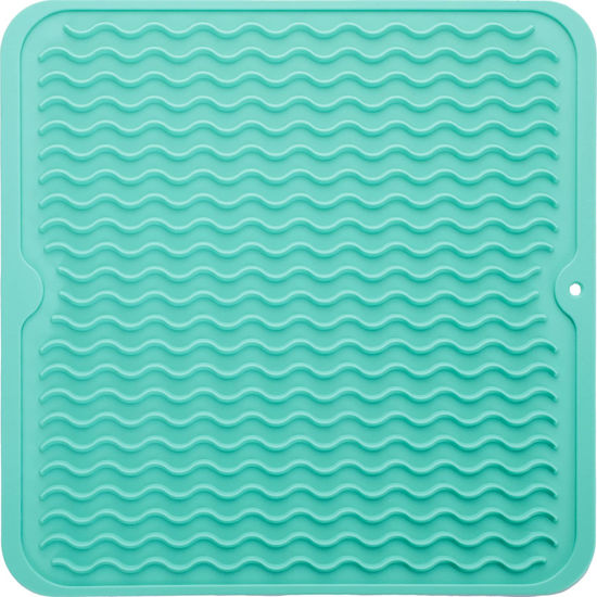 Picture of MicoYang Silicone Dish Drying Mat for Multiple Usage,Easy clean,Eco-friendly,Heat-resistant Silicone Mat for Kitchen Counter or Sink,Refrigerator or Drawer liner Mint M 12 inches x 12 inches