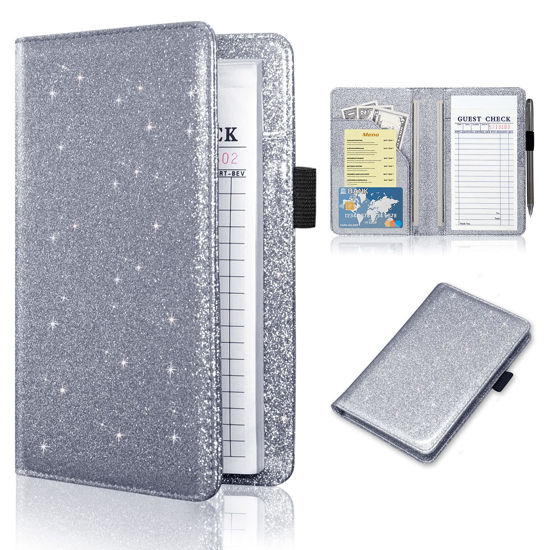 Picture of ACdream Server Books for Waitress, Guest Book Note Pad, Cute Pocket Leather Money Organizer Wallet, Cash Check Bill Receipt Holder Presenter, Waiter Accessories, Glitter Grey