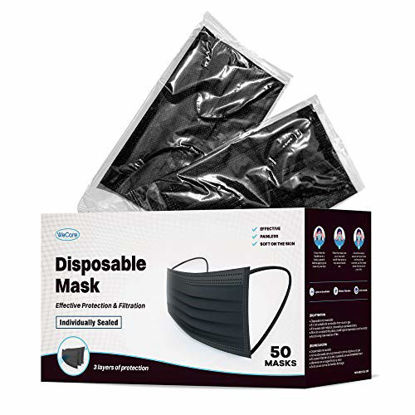 Picture of WECARE Black Face Masks Disposable - Individually Wrapped - 50 Pack, Black Masksfor Adults 3 Ply