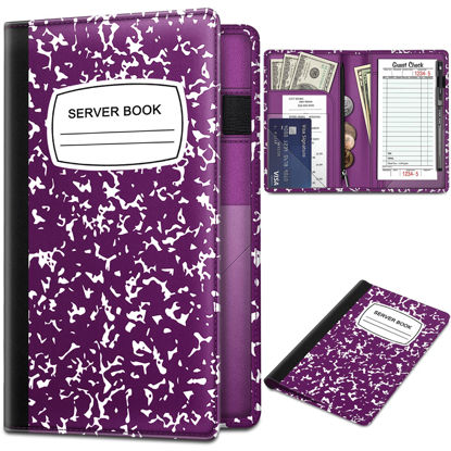 Picture of Server Book Organizer with Zipper Pocket, Fintie PU Leather Restaurant Guest Check Presenters Card Holder for Waitress, Waiter, Bartender (Composition Purple)