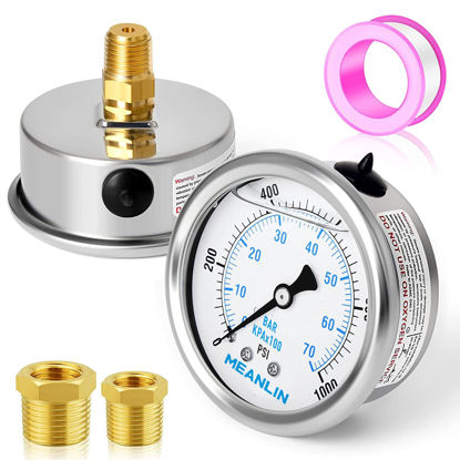 Picture of MEANLIN MEASURE 0~1000Psi Stainless Steel 1/4" NPT 2.5" FACE DIAL Liquid Filled Pressure Gauge WOG Water Oil Gas,Center Back Mount