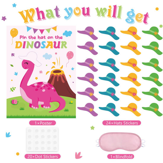 Pin The Tail On Dinosaur Game - Pink Dino Party Supplies With 24 Tails
