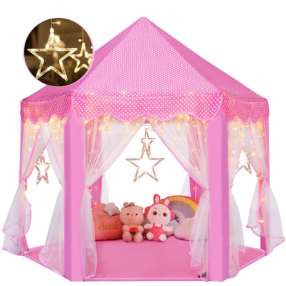 Picture of Monobeach Princess Tent Girls Large Playhouse Kids Castle Play Tent with Star Lights Toy for Children Indoor and Outdoor Games, 55'' x 53'' (DxH) (Pink Princess Tent with Large Star Lights)