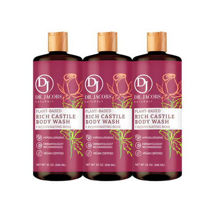 Picture of Dr Jacobs Naturals All-Natural Castile Rose Body Wash with Plant-Based Ingredients - Gentle and Effective - Sulfate-Free, Paraben-Free, and Cruelty-Free Formula for Nourished Skin (32 oz, 3 Pack)