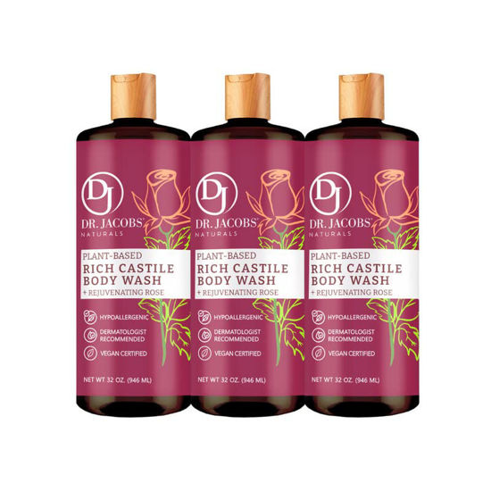 Picture of Dr Jacobs Naturals All-Natural Castile Rose Body Wash with Plant-Based Ingredients - Gentle and Effective - Sulfate-Free, Paraben-Free, and Cruelty-Free Formula for Nourished Skin (32 oz, 3 Pack)