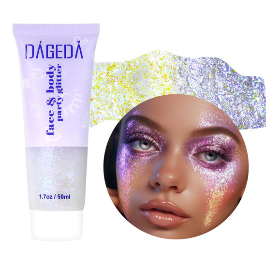 Picture of DAGEDA Body Glitter Gel, Holographic Face Glitters Body Gel Shimmer Liquid Eyeshadow, Color Changing Glitter for Face Hair Nails, Glitter Under Light Festival Glitter Makeup 1.7oz (Mystic Purple)