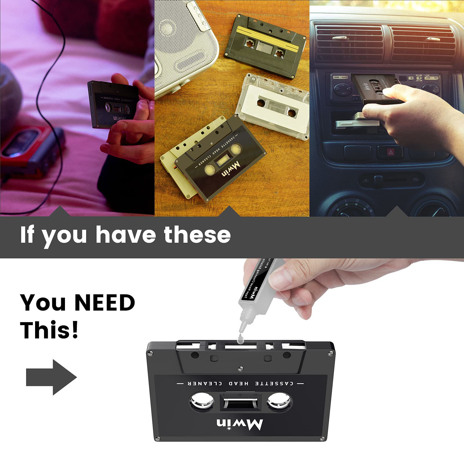 GetUSCart Mwin Audio Cassette Head Cleaner Tape w/ 1 Cleaning Fluids