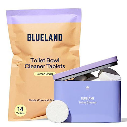 Picture of BLUELAND Toilet Bowl Cleaner Starter Set - Eco Friendly Products & Cleaning Supplies - No Harsh Chemicals, Plant-Based - Lemon Cedar - 14 tablets