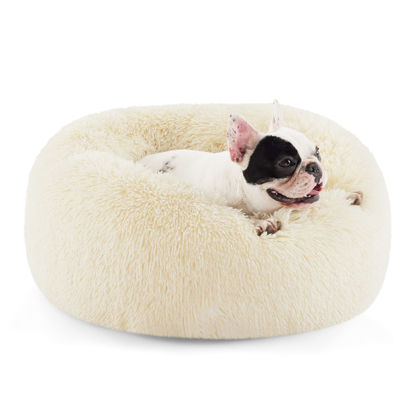 Picture of Bedsure Calming Dog Bed for Small Dogs - Donut Washable Small Pet Bed, Round Anti Anxiety Fluffy Plush Faux Fur Large Cat Bed, Fits up to 25 lbs Pets, Oat Milk, 23 inches