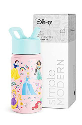 Picture of Simple Modern Disney Princesses Kids Water Bottle with Straw Lid | Reusable Insulated Stainless Steel Cup for Girls, School | Summit Collection | 14oz, Princess Rainbows