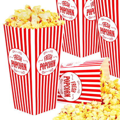 Picture of [50 Pack] Movie Theater Popcorn Boxes Disposable Red & White Striped - 46 oz Capacity - Vintage Snack Box Concession and Carnival Party Supplies, Individual Popcorn Bucket Containers