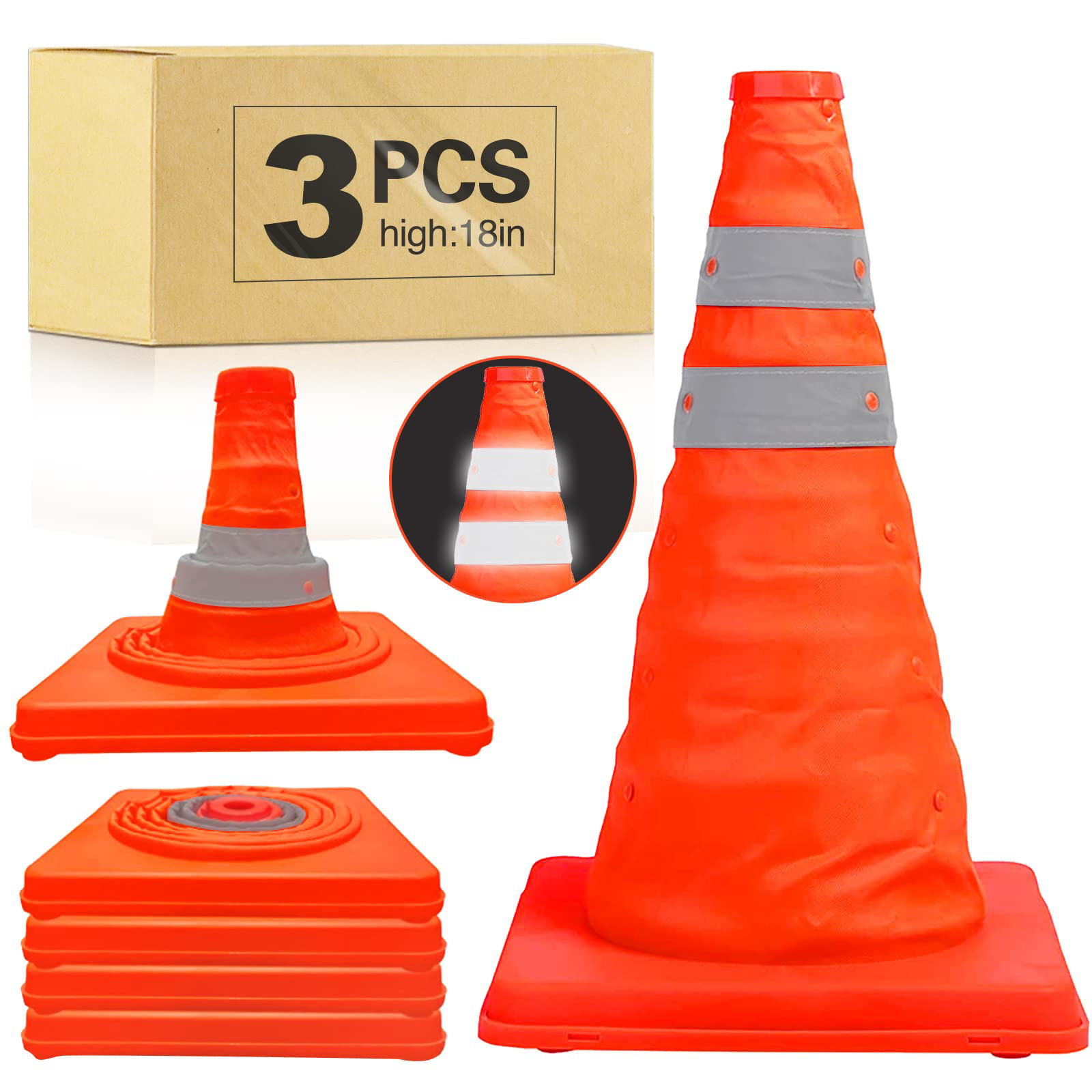 GetUSCart [3 Pack]18 Inch Collapsible Traffic Safety Cones Parking Cones with Reflective