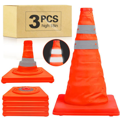Picture of [3 Pack]18 Inch Collapsible Traffic Safety Cones - Parking Cones with Reflective Collars,Orange Safety Cones for Parking lot，Driveway, Driving Training etc.