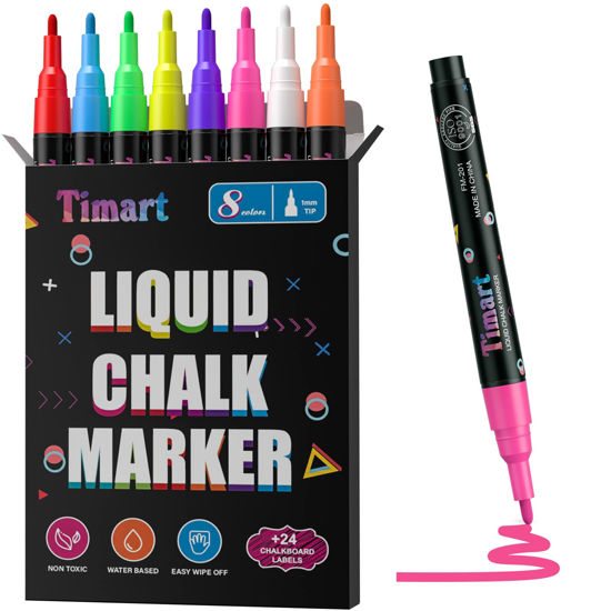 Picture of Timart Extra Fine Tip Chalk Markers (8 Pack 1mm Point), Liquid Chalk Pens - Dry Erase Marker Pens for Blackboard, Chalkboards, Windows, Glass, Bistro, Cars, Signs, 24 Chalkboard Labels Included