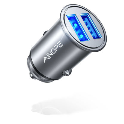 Picture of Car Charger, AINOPE Smallest 4.8A All Metal Car Charger Adapter Fast Charge USB Car Charger Flush Fit Compatible with iPhone 13/12/11 pro/XR/x/7/6s, iPad Air 2/Mini 3, Samsung Note 9/S10/S9/S8-Silver