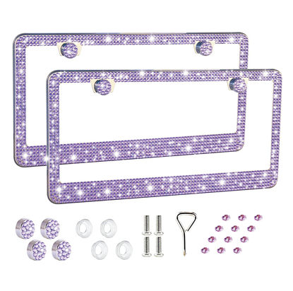 Picture of FIISFIIS Bling License Plate Frame for Women,2 Pack Premium Stainless Steel Rhinestone License Plate Holder,Handmade Glitter Crystal Diamond Lincense Plate Cover,Bedazzled Sparkly Caps-Light Violet