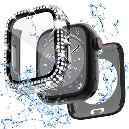 Picture of 2 in 1 Bling Waterproof Case for iWatch Series 6 5 4 40mm, 360 Protective PC Cover Front & Back Case with Tempered Glass Screen Protector, [Full Diamond] Watch Cases for Women, 40mm/Black
