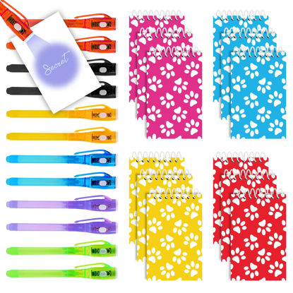 Picture of 12 Invisible Ink Pens With UV light For Kids, & 12 Paws Mini Notebooks. Dog Paw Party Favors for Kids 8-12, Spy Toys, Puppy Theme, Invisible Ink Pen for Diary. 12 Bags, Invisible Marker & Dog Notepad