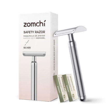 Picture of ZOMCHI Classic Safety Razor for Men and Women with 10 Counts Double Edge Blades, Redesigned Noble Silver Metal Safety Razor, Reusable Safety Razor Friendly for Beginner, Sustainable Living Choice