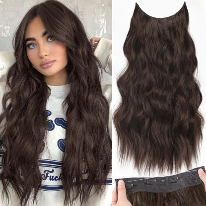 Picture of KooKaStyle Invisible Wire Hair Extensions with Transparent Headband Adjustable Size 4 Secure Clips Long Wavy Secret Wire Hairpiece 20 Inch Reddish Chocolate Brown for Women