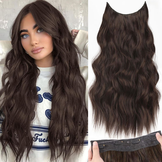 Picture of KooKaStyle Invisible Wire Hair Extensions with Transparent Headband Adjustable Size 4 Secure Clips Long Wavy Secret Wire Hairpiece 20 Inch Reddish Chocolate Brown for Women