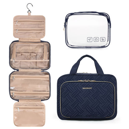 Picture of BAGSMART Toiletry Bag Hanging Travel Makeup Organizer with TSA Approved Transparent Cosmetic Bag Makeup Bag for Full Sized Toiletries (Navy, Medium)