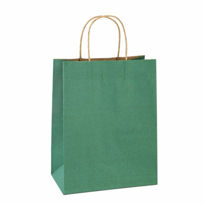 Picture of BagDream Shopping Bags 8x4.25x10.5 Inches 100Pcs Gift Bags Kraft Bags Retail Bags Green Stripe Paper Bags with Handles Bulk, 100% Recycled Paper Gift Bags
