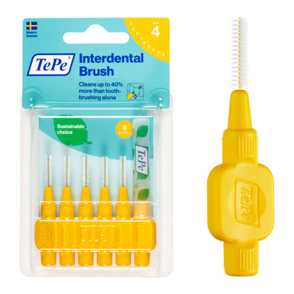 Picture of TEPE Interdental Brush Original, Soft Dental Brush for Teeth Cleaning, Pack of 6, 0.7 mm, Medium Gaps, Yellow, Size 4
