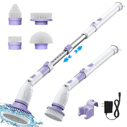 Picture of Voweek Electric Spin Scrubber, Shower Cleaning Brush with 4 Replaceable Brush Heads and Adjustable Extension Arm, Cordless Household Cleaning Brush for Bathroom Tub Tile Floor - Purple