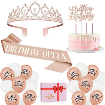 Picture of 36PCS Birthday Decorations for Women Including Birthday Sash, Crown, Birthday Cake Topper, Birthday candles and Balloons. Queen Sash and Birthday Tiara for women and Grils. Rose Gold Birthday Party Decorations Favors.