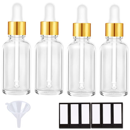 Picture of PrettyCare Eye Dropper Bottle 1 oz (4 Pack Clear Glass Bottles 30ml with Golden Caps, 1 Extra Plastic Measured Pipettes, 12 Labels, Funnel) Empty Tincture Serum Bottles for Essential Oils, Perfume
