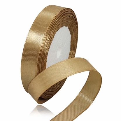 Picture of Solid Color Champagne Gold Satin Ribbon, 5/8 Inches x 25 Yards Fabric Satin Ribbon for Gift Wrapping, Crafts, Hair Bows Making, Wreath, Wedding Party Decoration and Other Sewing Projects