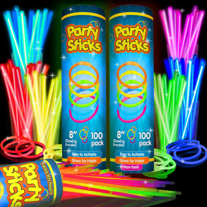 Picture of PartySticks Glow Sticks Party Supplies 200pk - 8 Inch Glow in the Dark Light Up Sticks Party Favors, Glow Party Decorations, Neon Party Glow Necklaces and Glow Bracelets with Connectors