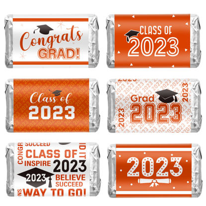 Picture of Graduation Decoration Label Sticker Congrats Mini Candy Bar Wrapper Class of Party Supplies for High School College Nursing Grad Celebration, Candy Not Included (Orange and White 2023, 90 Pcs)
