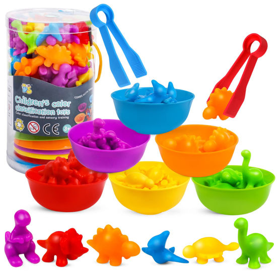 Picture of USATDD Counting Dinosaur Toys Matching Color Sorting Stacking Games with Bowls Preschool Learning Activities for Educational Sensory Montessori STEM Toy Sets Gift for Toddlers Kids Boys Girls Aged 3+