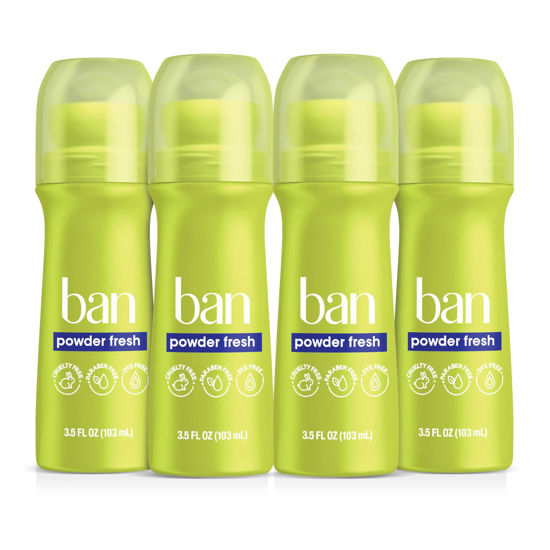 Picture of Ban Powder Fresh 24-hour Invisible Antiperspirant, Roll-on Deodorant for Women and Men, Underarm Wetness Protection, with Odor-fighting Ingredients, 3.5 Fl Oz (Pack of 4)